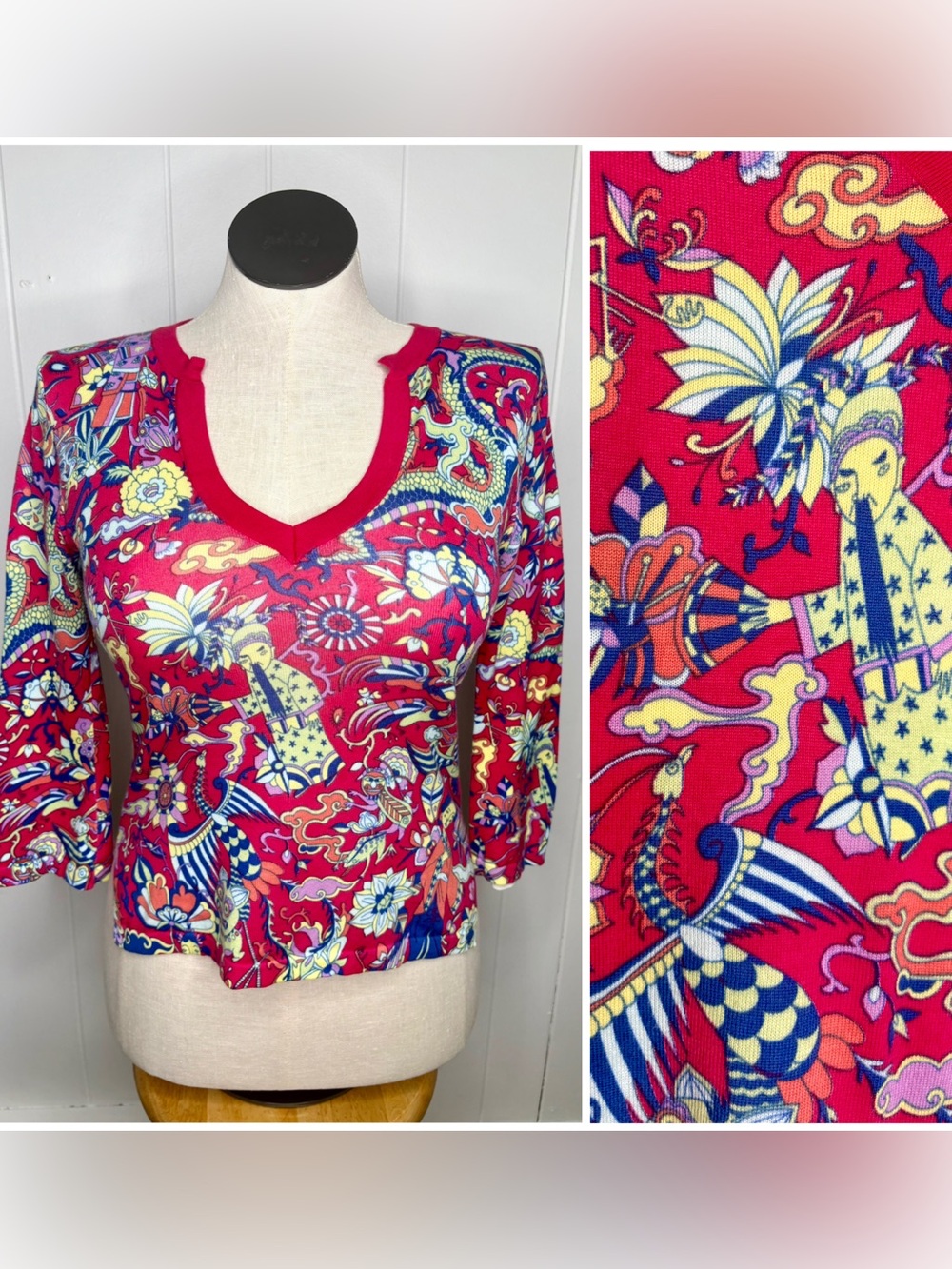 🐉Shanghai Tang 3/4 Sleeve Knit Top Maximalist Chinoiserie Print Hong Kong Dragon
